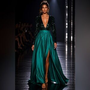 Blides Emerald Green Sequin Satin Slit Formal Gown Size 2